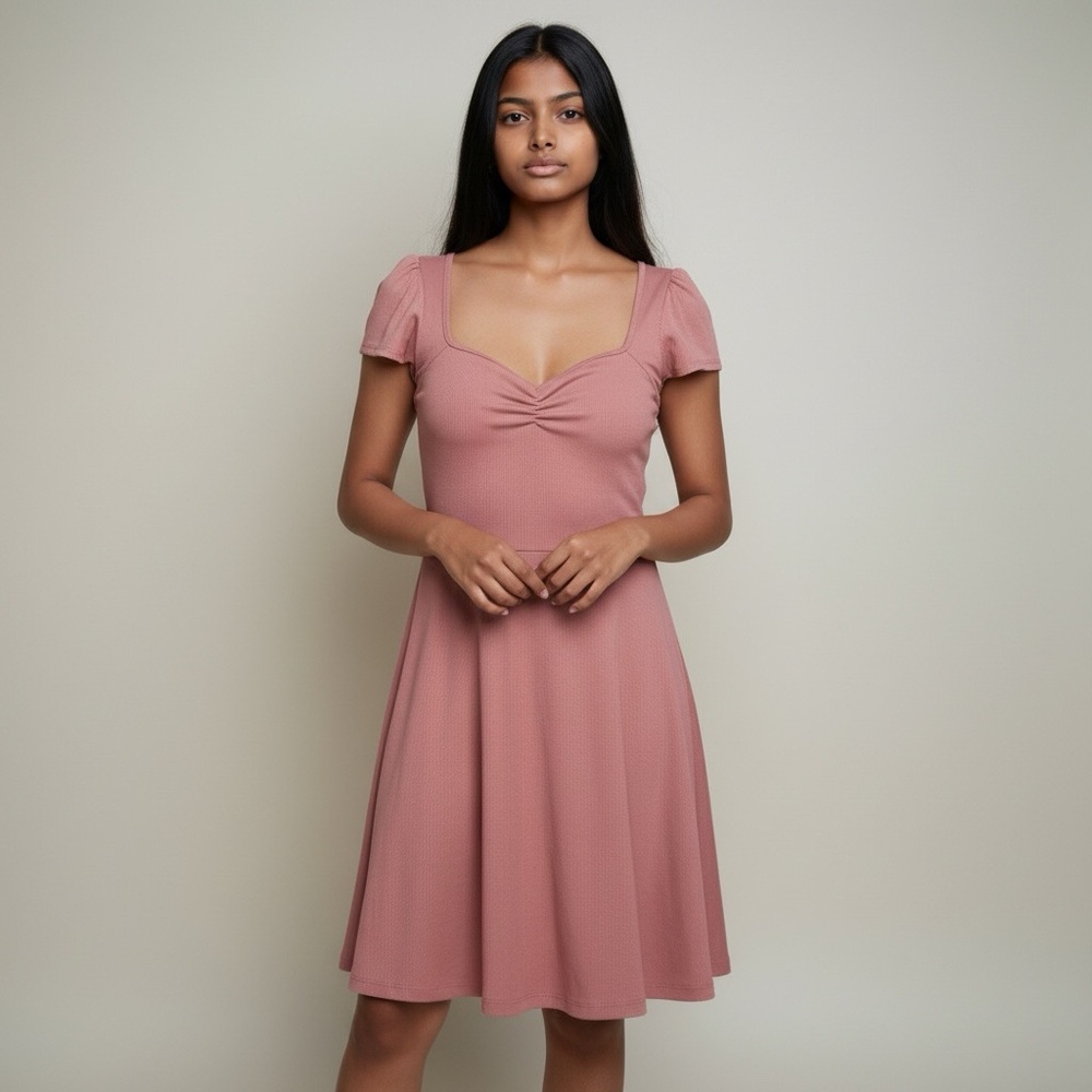NWT Mauve Pink Ribbed Mini Dress Sweetheart Neckline Flared Skirt Medium